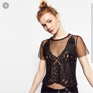 Zara Lace Overlay Mesh Top